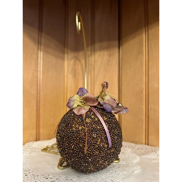 Set Of 2 Beaded Burgundy Purple Christmas Bulbs Balls Ornaments Silk Flower - Picture 3 of 5